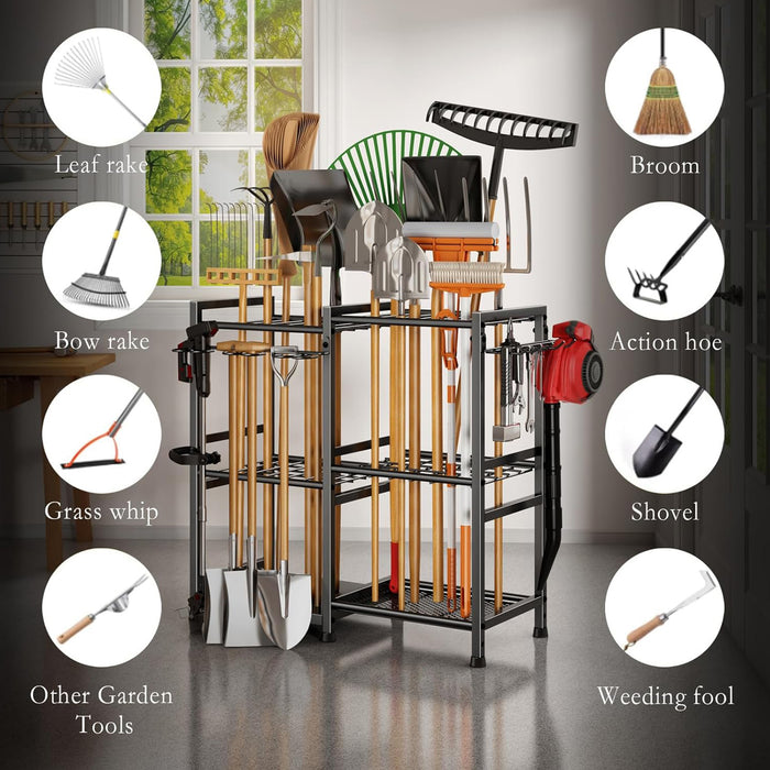 Garden Garage Yard Tool Organizer Stand Storage Metal Rack Black 3-tier 70-hole