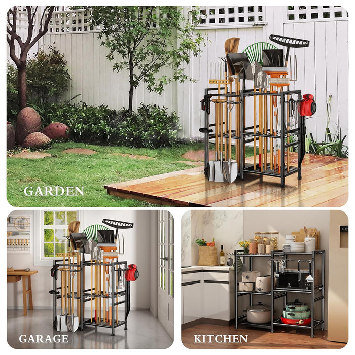 Garden Garage Yard Tool Organizer Stand Storage Metal Rack Black 3-tier 70-hole