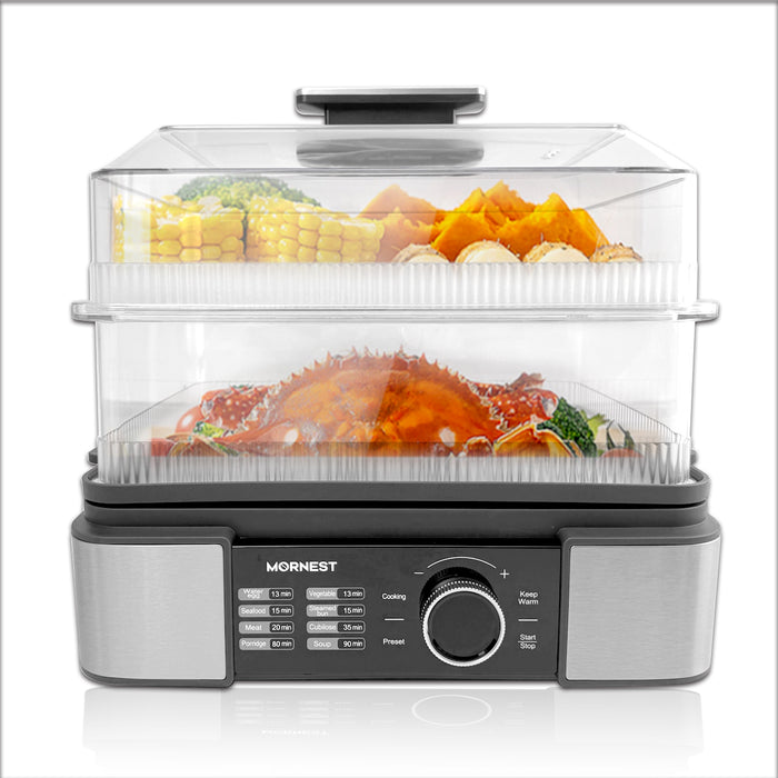 Electric Food Steamer 12L 2 Tiers Stainless Steel Tray 1500W Adjustable Timer