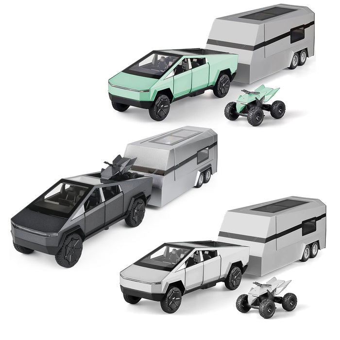 1:24 Tesla Cybertruck Die-cast Model Car With Motorcycle & Camper Trailer