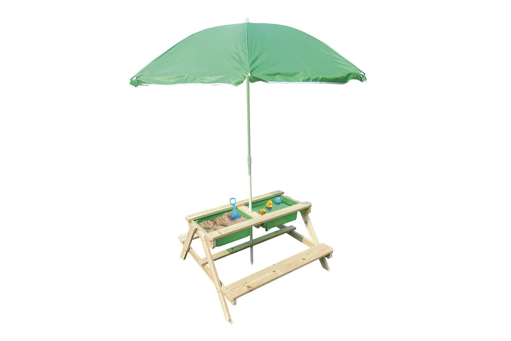 Outdoor Wooden Table With Umbrella Green For Kids Chalkboard&Play Tubs