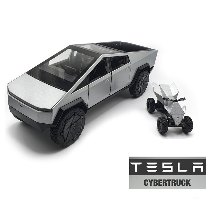 1:24 Tesla Cybertruck Die-cast Model Car With Motorcycle & Camper Trailer
