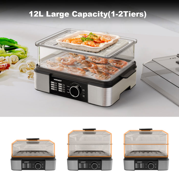 Electric Food Steamer 12L 2 Tiers Stainless Steel Tray 1500W Adjustable Timer