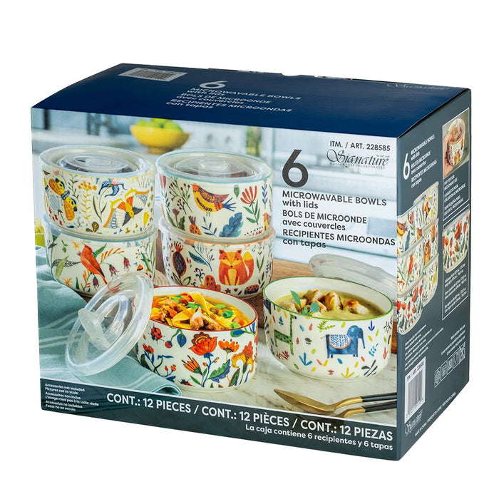 Signature BPA Free 621 ml Forest Animals 12pcs set Ceramic stoneware 6 Bowls With 6Lids