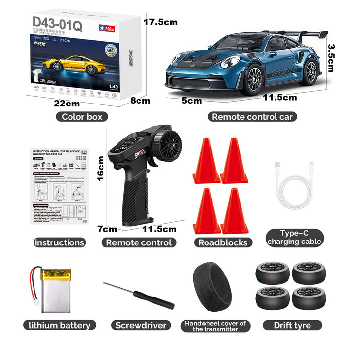 HStar 1/43 RC Remote Control Drift Car 4WD Gyro Alloy LED Model Toy RTR 911/GTR