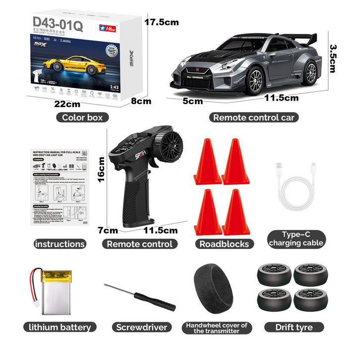 HStar 1/43 RC Remote Control Drift Car 4WD Gyro Alloy LED Model Toy RTR 911/GTR