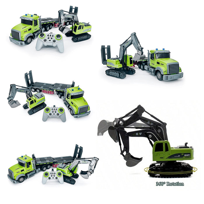 RC Heavy Flatbed Truck & Excavator Set, 2.4Ghz Remote Control Lights & Sounds