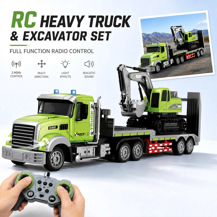 RC Heavy Flatbed Truck & Excavator Set, 2.4Ghz Remote Control Lights & Sounds