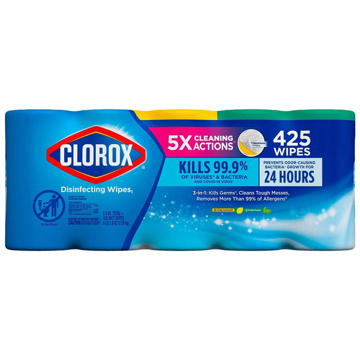 Clorox Disinfecting Bleach-Free Cleaning Wipes Variety Pack 5 x 85 Wipes 2 Fresh Scent, 3crisp Lemon