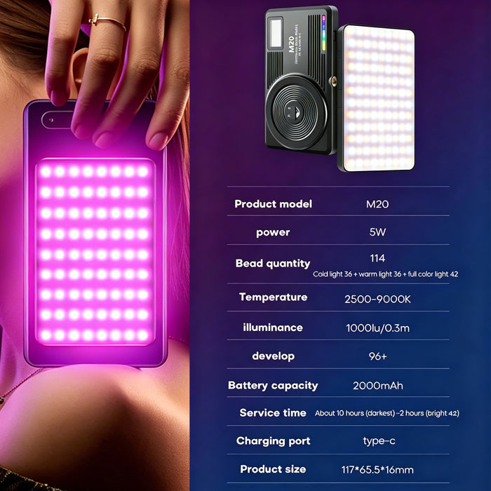 Light, LEDs, M20 Video LED 114 2500-9000K, Magnetic 3000mAh Camera Battery, RGB