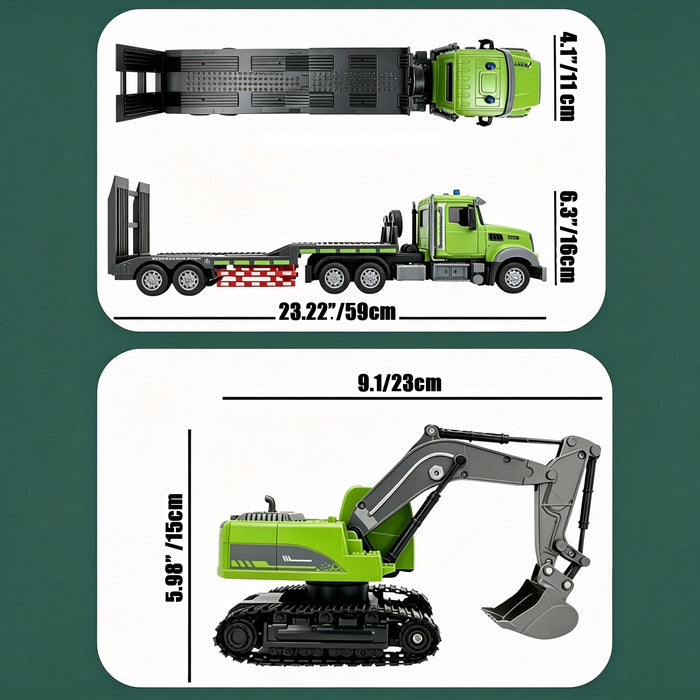 RC Heavy Flatbed Truck & Excavator Set, 2.4Ghz Remote Control Lights & Sounds