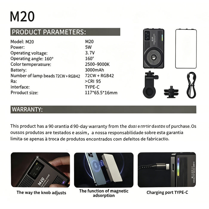 Light, LEDs, M20 Video LED 114 2500-9000K, Magnetic 3000mAh Camera Battery, RGB