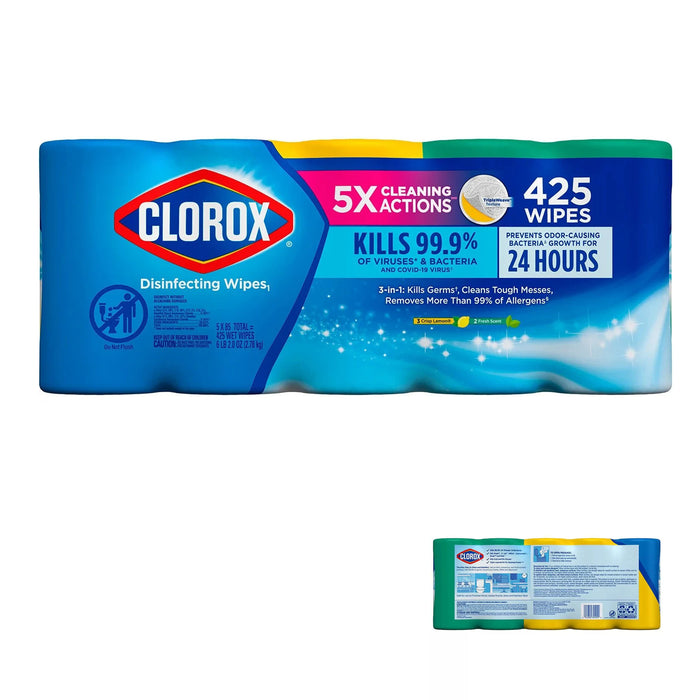 Clorox Disinfecting Bleach-Free Cleaning Wipes Variety Pack 5 x 85 Wipes 2 Fresh Scent, 3crisp Lemon