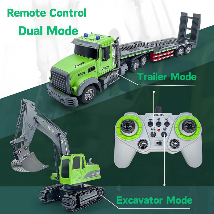 RC Heavy Flatbed Truck & Excavator Set, 2.4Ghz Remote Control Lights & Sounds