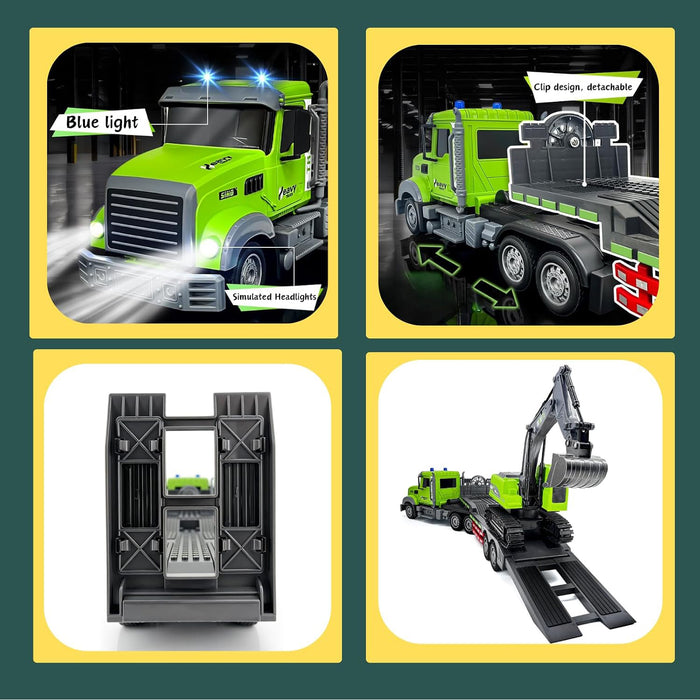 RC Heavy Flatbed Truck & Excavator Set, 2.4Ghz Remote Control Lights & Sounds