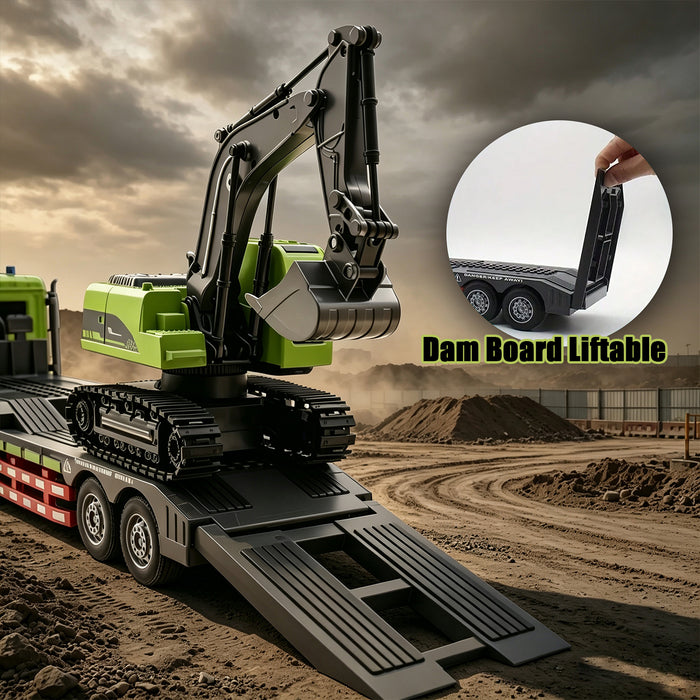 RC Heavy Flatbed Truck & Excavator Set, 2.4Ghz Remote Control Lights & Sounds