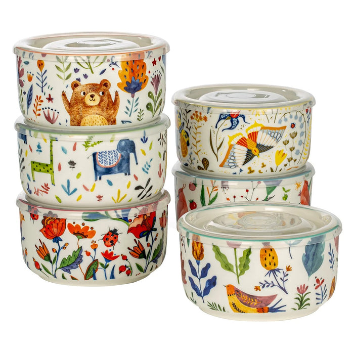 Signature BPA Free 621 ml Forest Animals 12pcs set Ceramic stoneware 6 Bowls With 6Lids