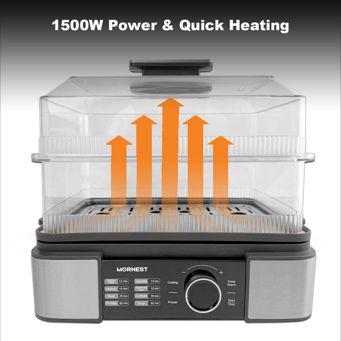 Electric Food Steamer 12L 2 Tiers Stainless Steel Tray 1500W Adjustable Timer