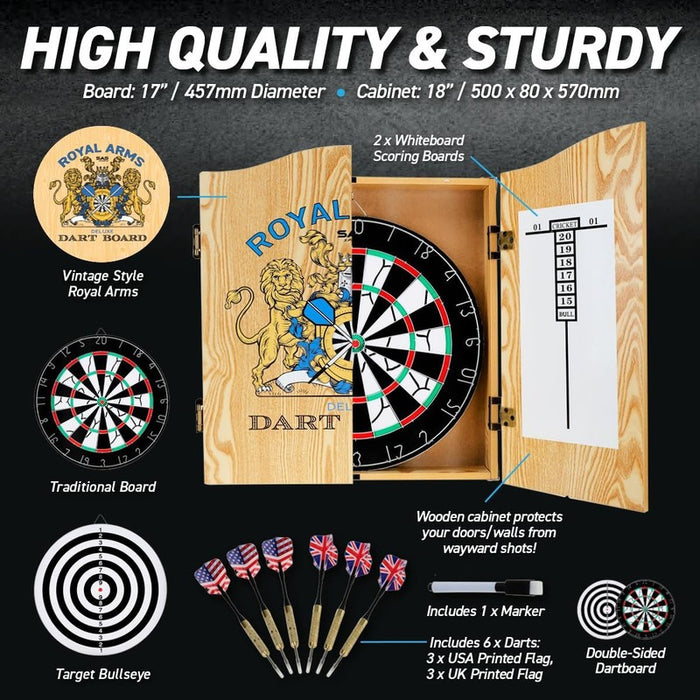 17" Dartboard With 6 Steel Darts Wooden Cabinet Set Dart Board Party Game