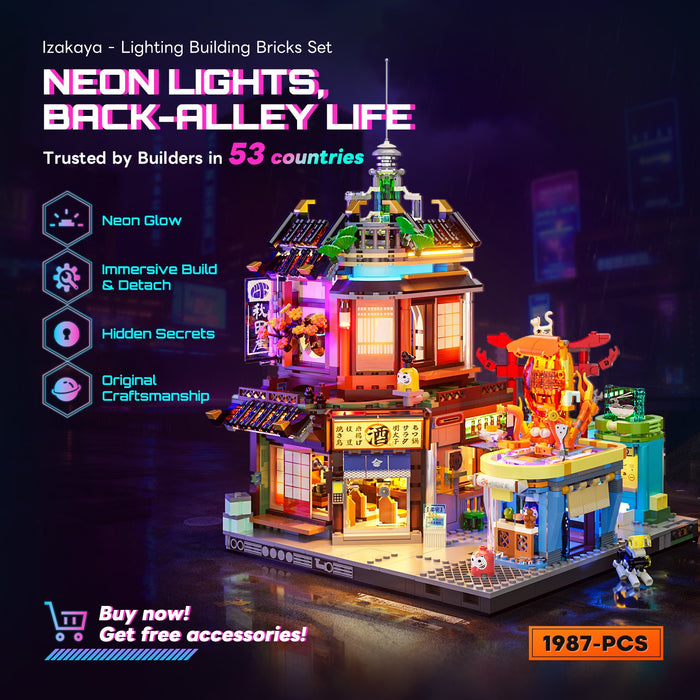 Lumibricks F9073 Cyberpunk Izakaya Building Bricks Set - 1987 Pcs With LED