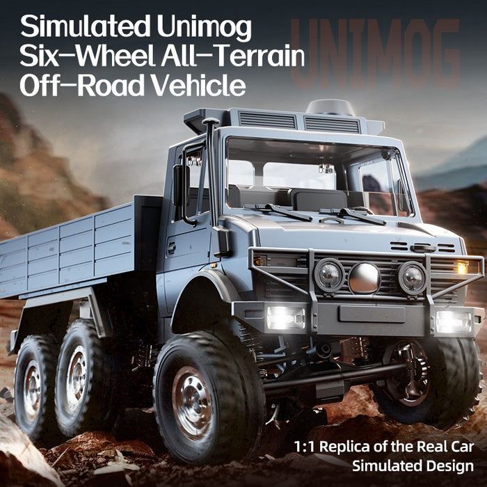 1/18 6WD RC Off-Road Crawler Truck, Mercedes-Benz Unimog Style Remote Control Vehicle, 2.4G Full Proportional RC Car with Electric Winch, 2-Speed Gearbox, Metal Frame, 7.4V 500mAh Battery, All Terrain Climbing Model for RC Hobbyists