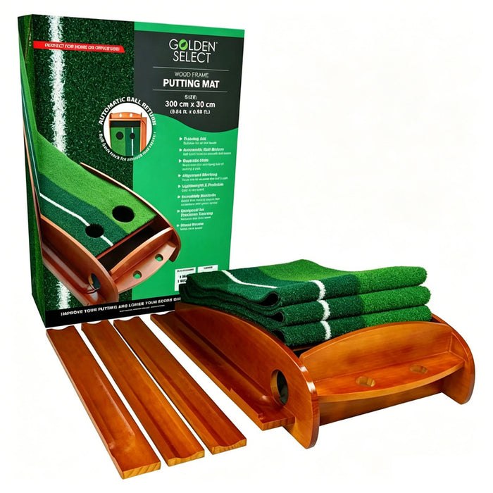 Golden Select Wood Frame Golf Putting Mat & Ball Return Set Portable