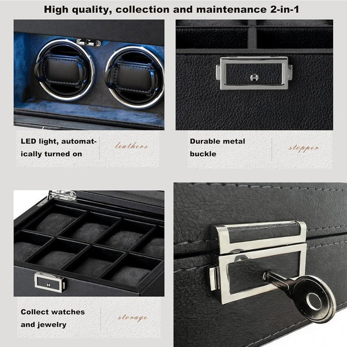 2+8 Slots Automatic Watch Winder with Key Lock – PU Leather Watch Storage Box, 2 Rotating Winders + 8 Storage Slots, Silent Japanese Motor, 2 Modes & LED Light – Perfect Gift
