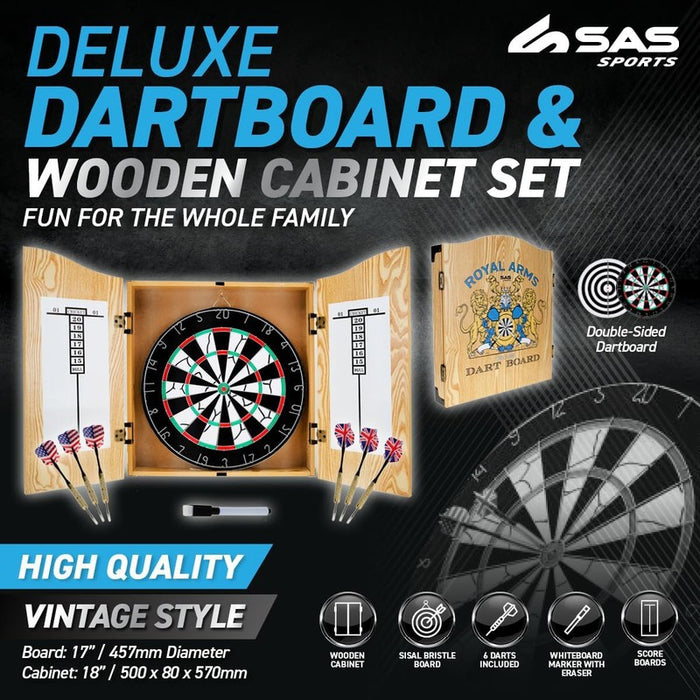 17" Dartboard With 6 Steel Darts Wooden Cabinet Set Dart Board Party Game