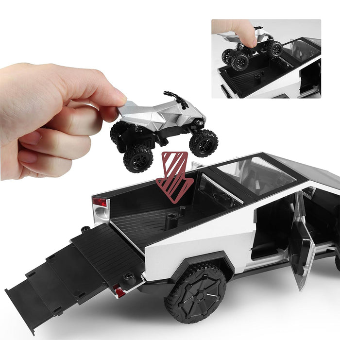 1:24 Tesla Cybertruck Die-cast Model Car With Motorcycle & Camper Trailer
