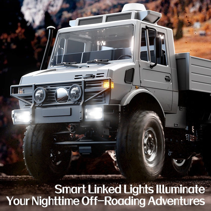 1/18 6WD RC Off-Road Crawler Truck, Mercedes-Benz Unimog Style Remote Control Vehicle, 2.4G Full Proportional RC Car with Electric Winch, 2-Speed Gearbox, Metal Frame, 7.4V 500mAh Battery, All Terrain Climbing Model for RC Hobbyists