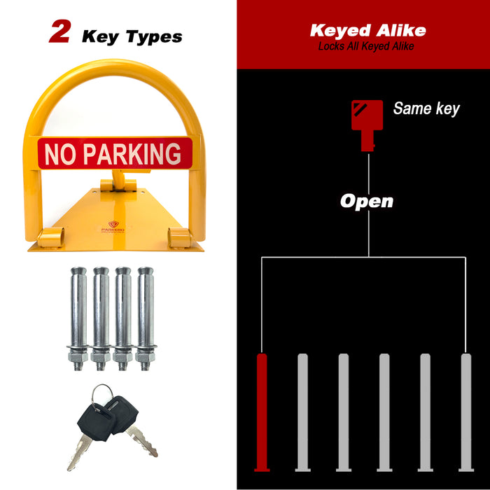 Parkero Fold-down Parking Barrier Keyed Different/Alike Vehicle Security Expension bolts