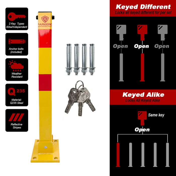 Parkero Square Fold-down Bollard Red Parking Barrier 2 Key teyp Vehicle Security