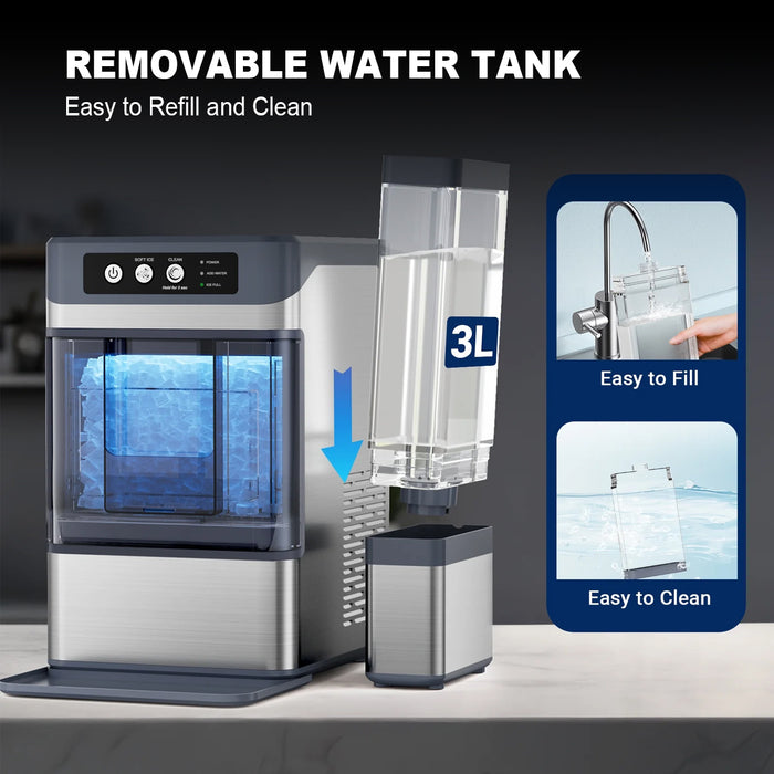 Mornest Crunchy Chewable Nugget Ice Maker with Water Tank, Soft Restaurant-Style Ice in 5 Min, 17kg/24hr, Front-Load Portable Ice Machine Fits Under Cabinets, One-Touch Self-Clean, Stainless Steel