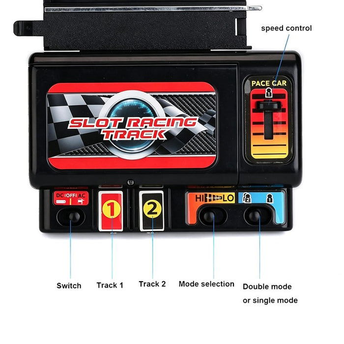 Race Track Set With 2 Light-Up Slot Cars & 1420 Cm Turbo 1:43 Controls JJ SLOT