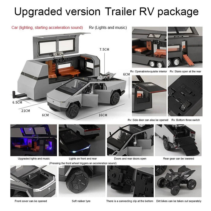 1:24 Tesla Cybertruck Die-cast Model Car With Motorcycle & Camper Trailer