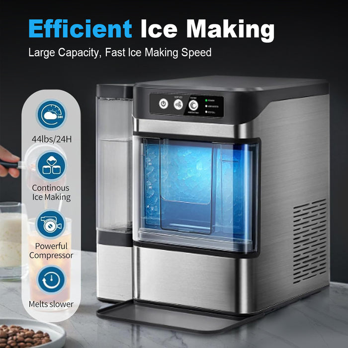 Mornest Crunchy Chewable Nugget Ice Maker with Water Tank, Soft Restaurant-Style Ice in 5 Min, 17kg/24hr, Front-Load Portable Ice Machine Fits Under Cabinets, One-Touch Self-Clean, Stainless Steel