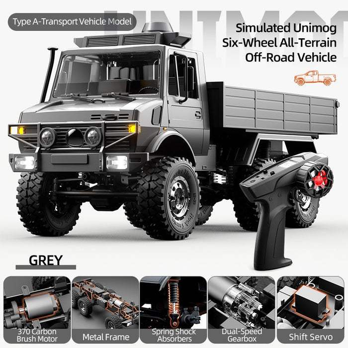 1/18 6WD RC Off-Road Crawler Truck, Mercedes-Benz Unimog Style Remote Control Vehicle, 2.4G Full Proportional RC Car with Electric Winch, 2-Speed Gearbox, Metal Frame, 7.4V 500mAh Battery, All Terrain Climbing Model for RC Hobbyists