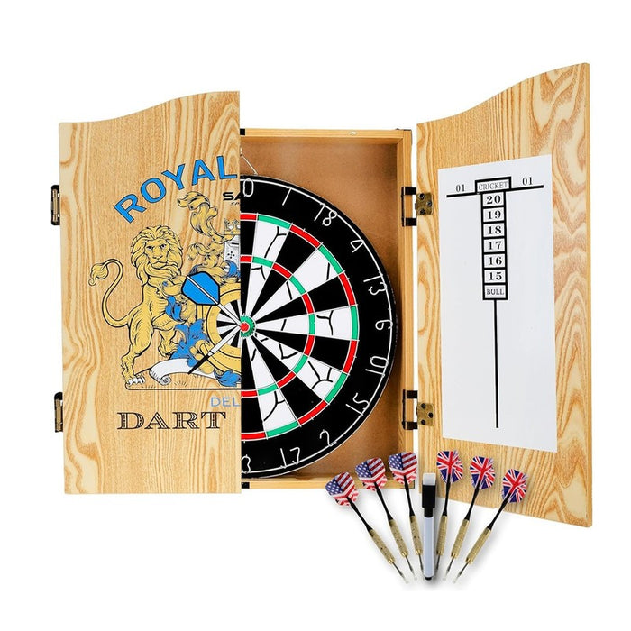 17" Dartboard With 6 Steel Darts Wooden Cabinet Set Dart Board Party Game