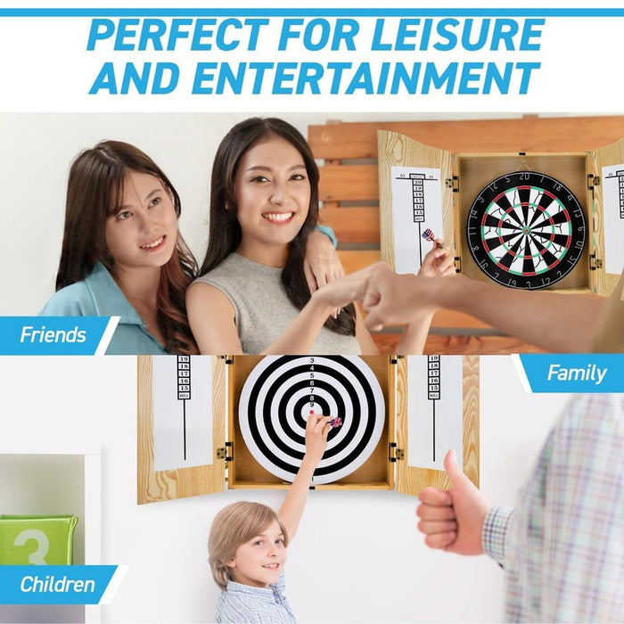 17" Dartboard With 6 Steel Darts Wooden Cabinet Set Dart Board Party Game
