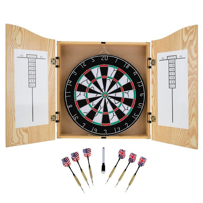 17" Dartboard With 6 Steel Darts Wooden Cabinet Set Dart Board Party Game