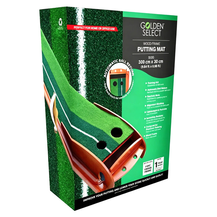 Golden Select Wood Frame Golf Putting Mat & Ball Return Set Portable