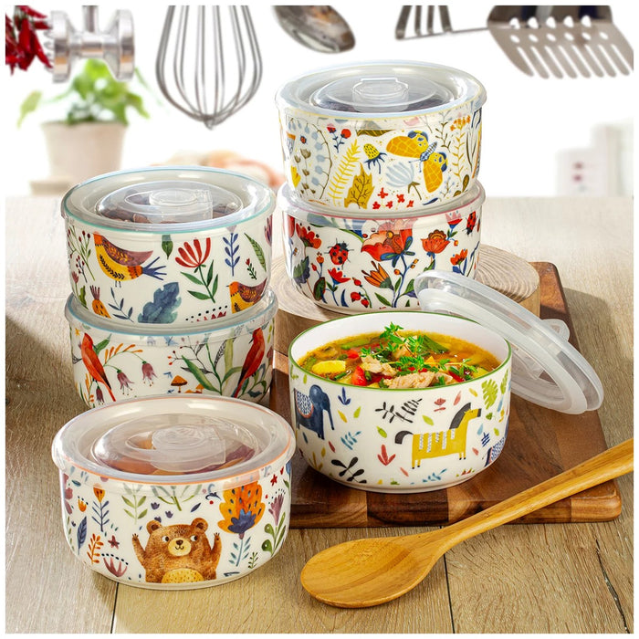 Signature BPA Free 621 ml Forest Animals 12pcs set Ceramic stoneware 6 Bowls With 6Lids