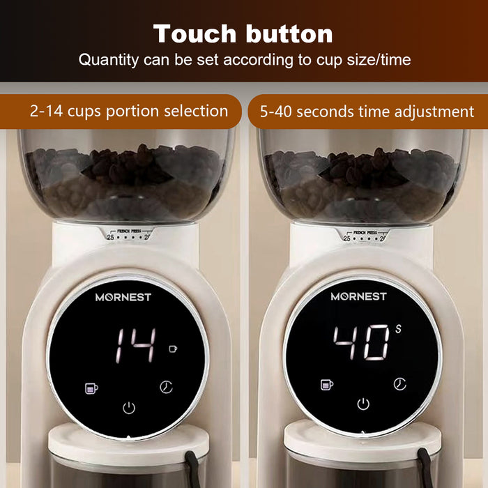Mornest Electric Burr Coffee Grinder – Conical Burr Grinder with 25 Grind Settings with Digital Touch Control, for Espresso, Filter, French Press, Cold Brew, Black/White