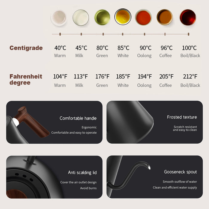 Mornest Electric Gooseneck Kettle with Temperature Control & Keep Warm, Stainless Steel Kettle for Coffee and Tea, 1200W Rapid Heating & Quick Boiling, BPA-Free (Walnut & Black)