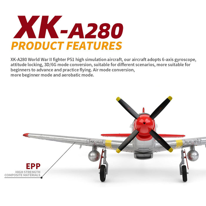 XK A280 P-51 MUSTANG 2.4GHz 4ch Brushless 560mm RTF RC Plane Remote Control