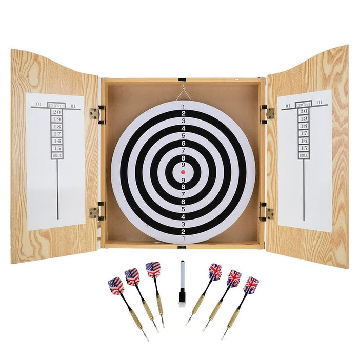 17" Dartboard With 6 Steel Darts Wooden Cabinet Set Dart Board Party Game