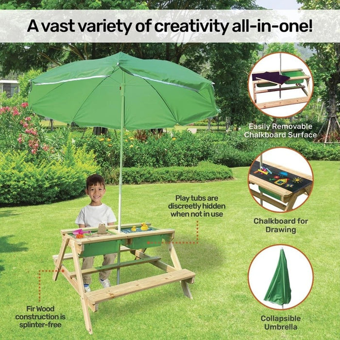 Outdoor Wooden Table With Umbrella Green For Kids Chalkboard&Play Tubs