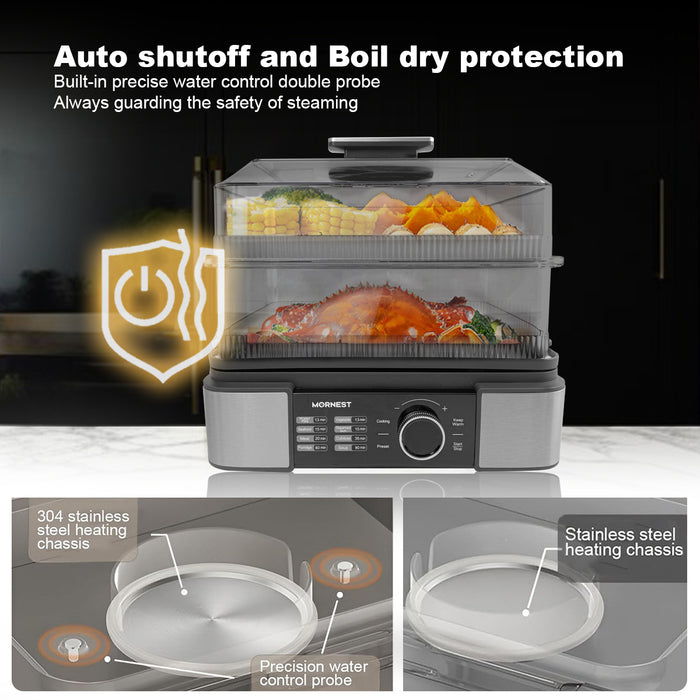 Electric Food Steamer 12L 2 Tiers Stainless Steel Tray 1500W Adjustable Timer