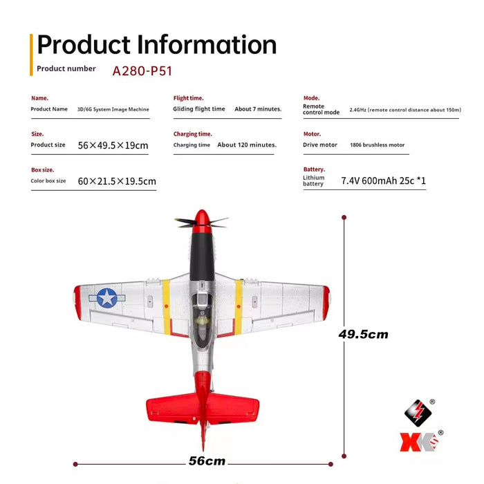 XK A280 P-51 MUSTANG 2.4GHz 4ch Brushless 560mm RTF RC Plane Remote Control