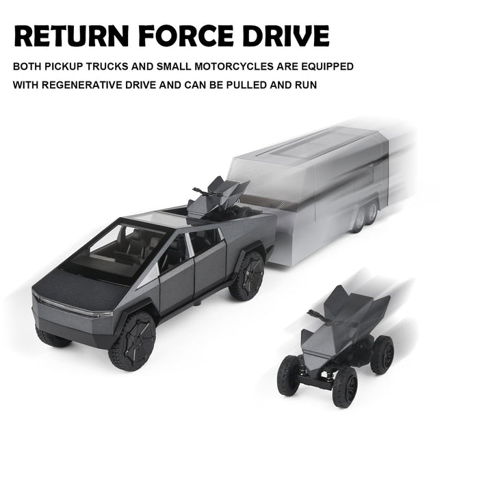 1:24 Tesla Cybertruck Die-cast Model Car With Motorcycle & Camper Trailer